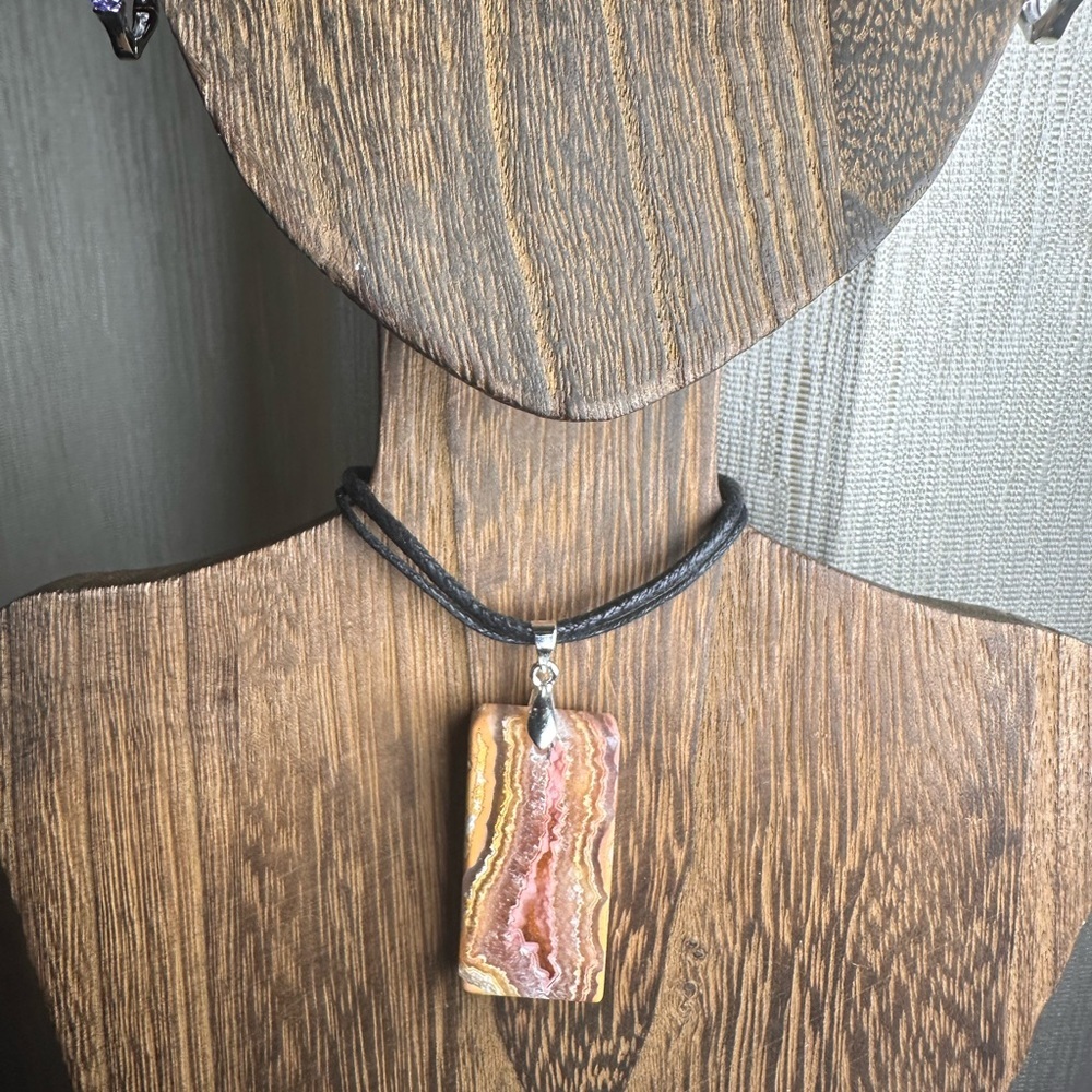 Crazy Lace Agate Rectangle Pendant Necklace on Black Rope - Picture 13 of 15